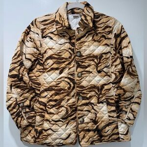 Chico's Jacket Womens 2/L Tan Brown Tiger Animal Print Quilted Pockets Button-up